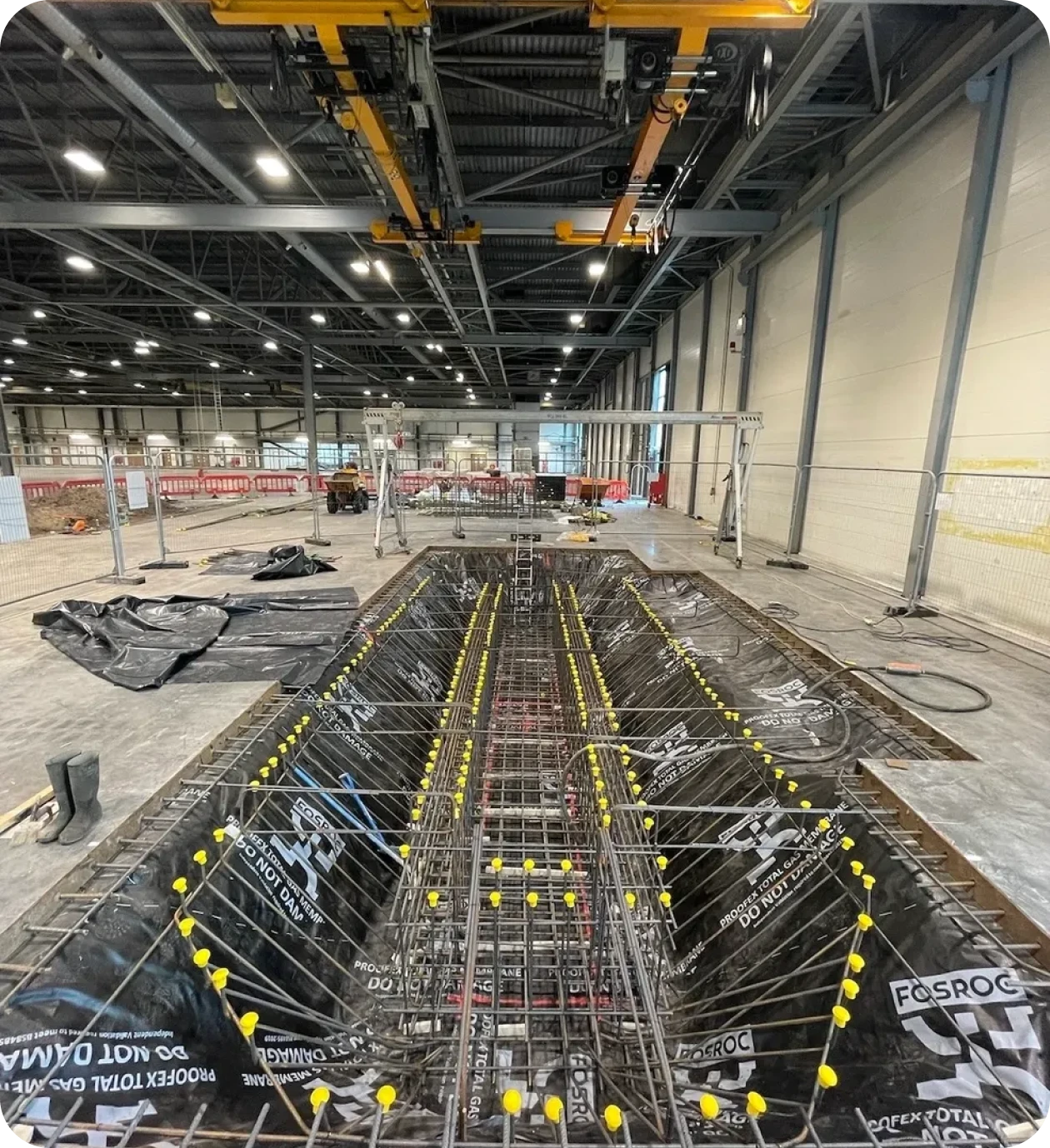 Industrial construction site with steel framework